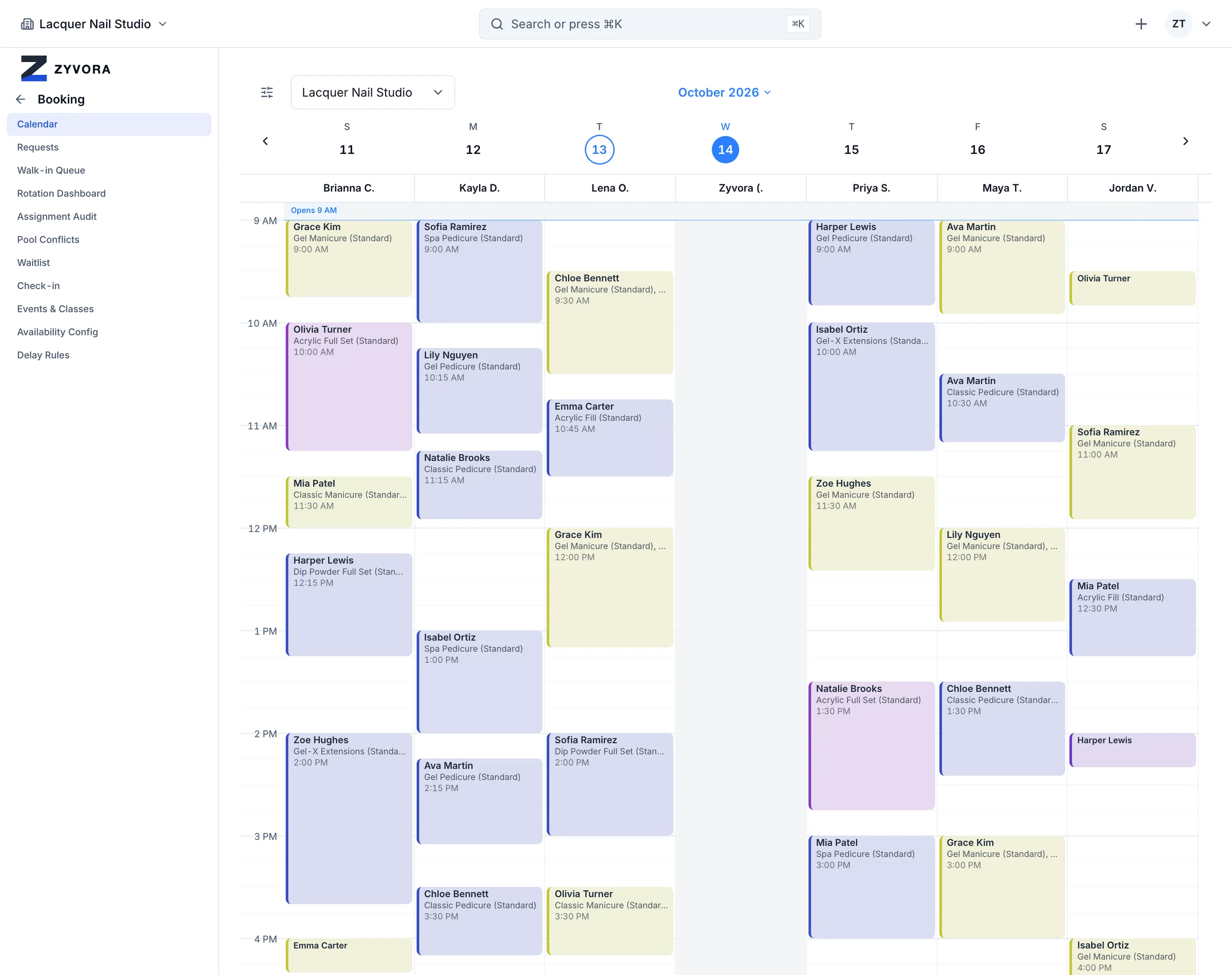 The Zyvora booking calendar, a full day colored by service